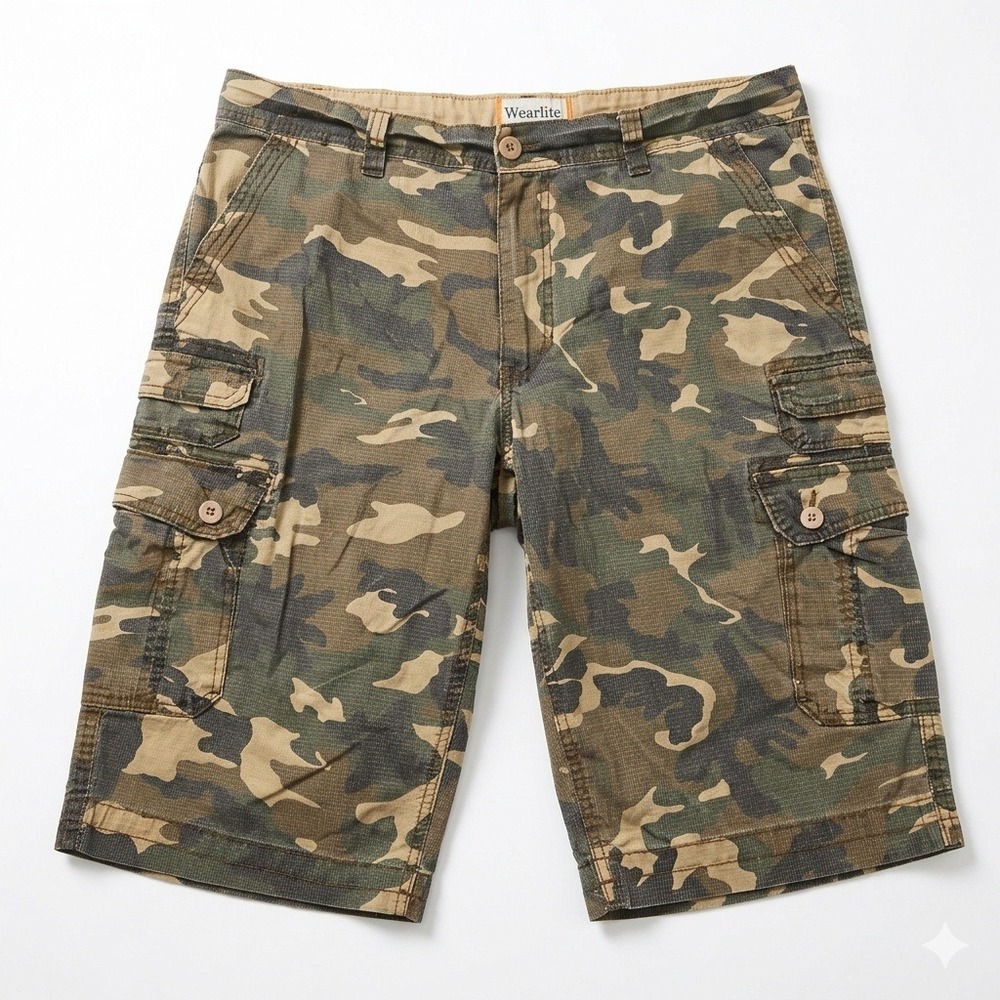WearFirst Men's Camo Cargo Shorts Size 34 Ripstop Cotton Stretch Tactical Pocket
